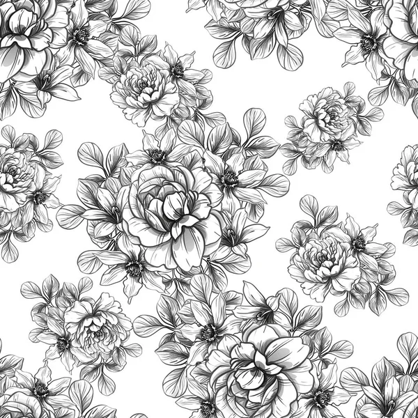 Naadloze Vintage Stijl Bloemenpatroon Floral Elementen Zwart Wit — Stockvector