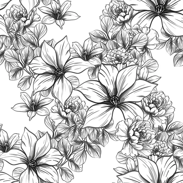 Modèle Fleur Style Vintage Sans Couture Eléments Floraux Noir Blanc — Image vectorielle