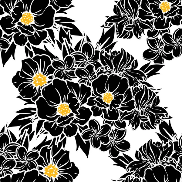 Seamless Vintage Style Flower Pattern Floral Elements Black White — Stock Vector