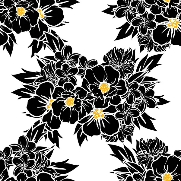 Modèle Fleur Style Vintage Sans Couture Eléments Floraux Noir Blanc — Image vectorielle