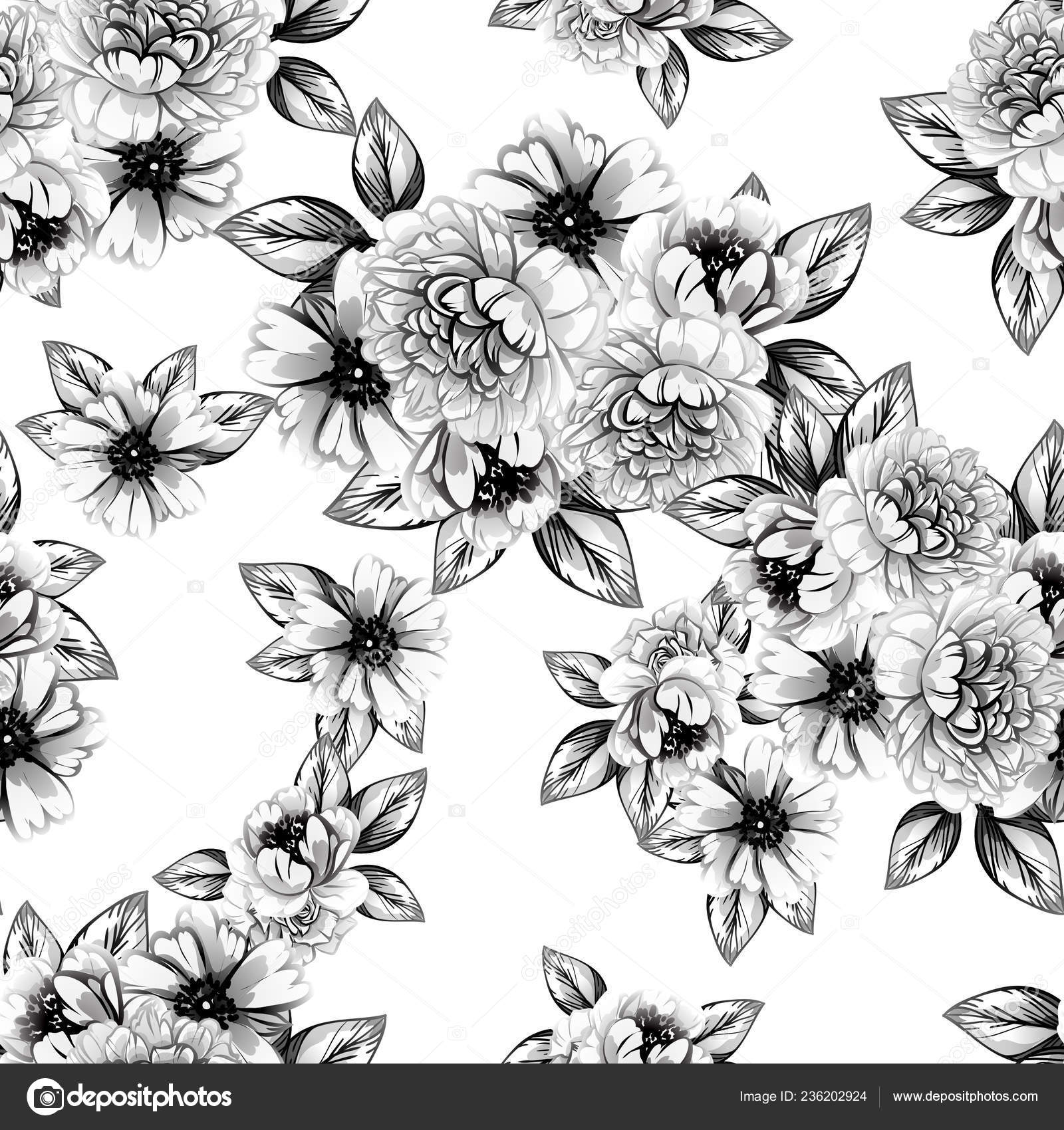 Problemfri Vintage Stil Blomst Monster Blomster Elementer Sort Hvid Stock Vektor C All About Flowers 236202924