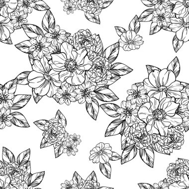 Sorunsuz vintage tarzı çiçek deseni. Siyah ve beyaz çiçek öğeleri.