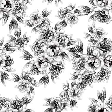 Sorunsuz vintage tarzı çiçek deseni. Siyah ve beyaz çiçek öğeleri.