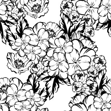 Sorunsuz vintage tarzı çiçek deseni. Siyah ve beyaz çiçek öğeleri.
