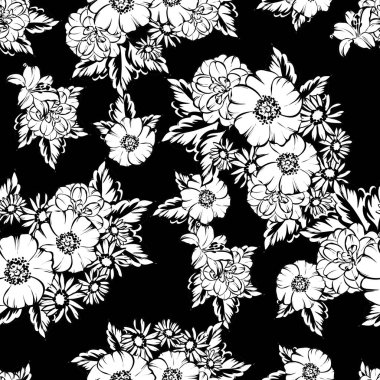 Sorunsuz vintage tarzı çiçek deseni. Siyah ve beyaz çiçek öğeleri.