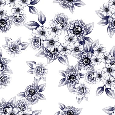 Sorunsuz vintage tarzı tek renkli renkli çiçek deseni. Çiçek öğeleri.