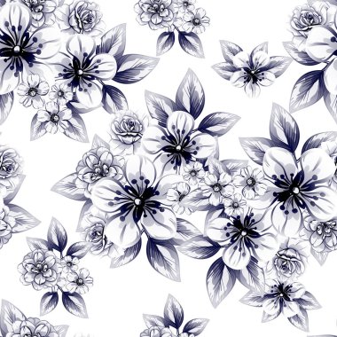 Sorunsuz vintage tarzı tek renkli renkli çiçek deseni. Çiçek öğeleri.