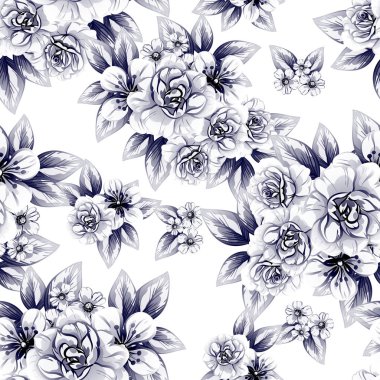 Sorunsuz vintage tarzı tek renkli renkli çiçek deseni. Çiçek öğeleri.