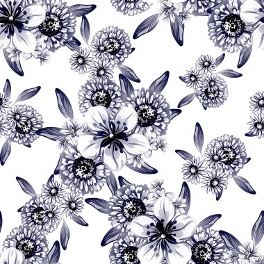 Sorunsuz vintage tarzı tek renkli renkli çiçek deseni. Çiçek öğeleri.