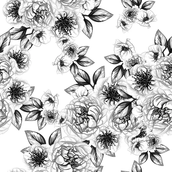 Sorunsuz vintage tarzı çiçek deseni. Siyah ve beyaz çiçek öğeleri.