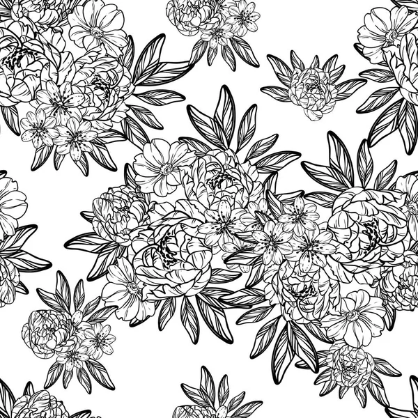 Sorunsuz vintage tarzı çiçek deseni. Siyah ve beyaz çiçek öğeleri.