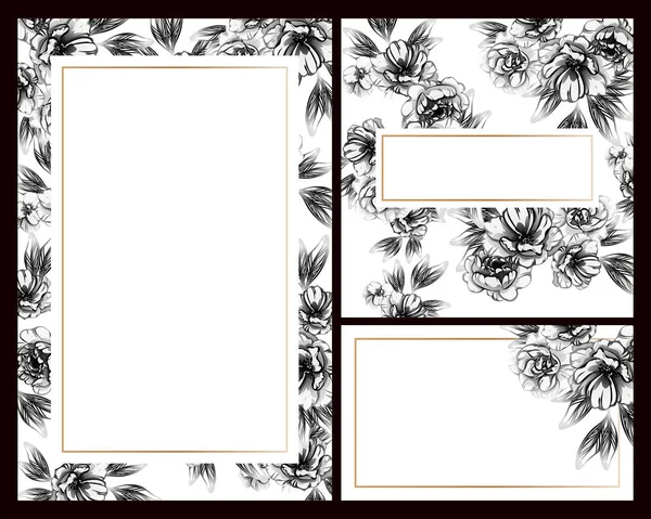 Cartes Mariage Fleurs Style Vintage Noir Blanc Eléments Floraux Cadres — Image vectorielle