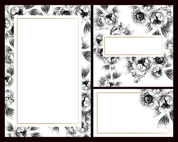 Cartes Mariage Fleurs Style Vintage Noir Blanc Eléments Floraux Cadres — Image vectorielle