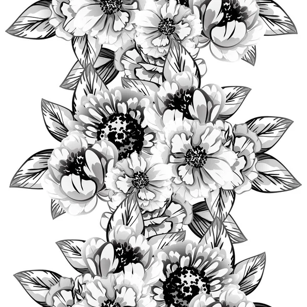 Patrón Flores Estilo Vintage Sin Costuras Elementos Florales Blanco Negro — Archivo Imágenes Vectoriales