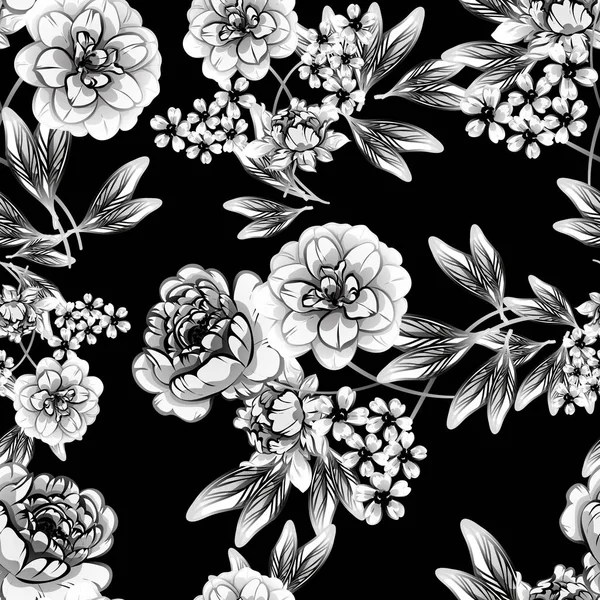 Modèle Fleur Style Vintage Sans Couture Eléments Floraux Noir Blanc — Image vectorielle