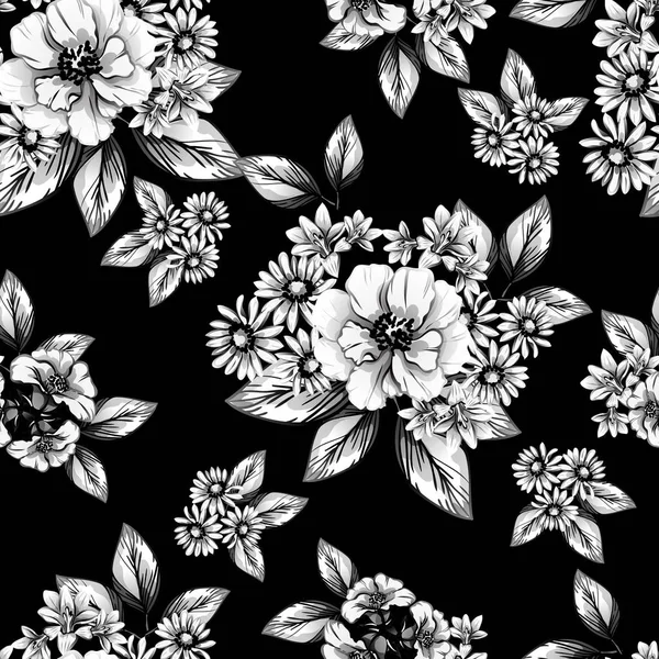 Modèle Fleur Style Vintage Sans Couture Eléments Floraux Noir Blanc — Image vectorielle