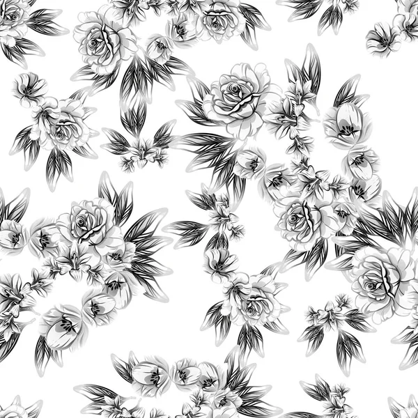 Modèle Fleur Style Vintage Sans Couture Eléments Floraux Noir Blanc — Image vectorielle