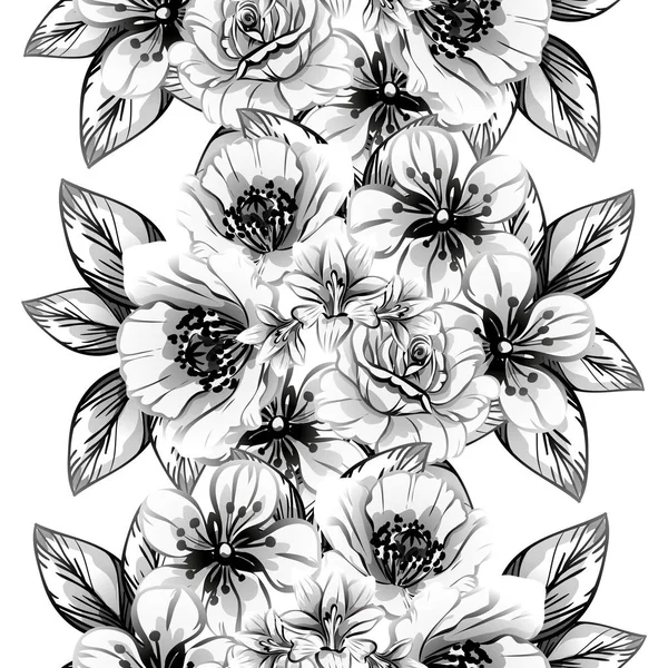 Modèle Fleur Style Vintage Sans Couture Eléments Floraux Noir Blanc — Image vectorielle