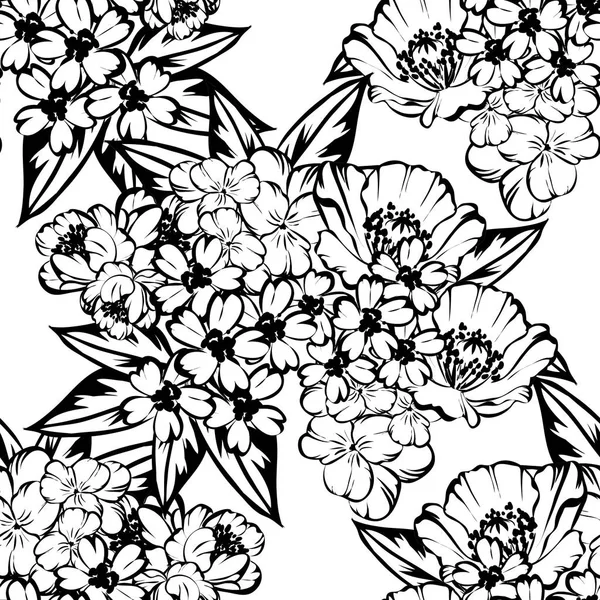 Sorunsuz vintage tarzı çiçek deseni. Siyah ve beyaz çiçek öğeleri.