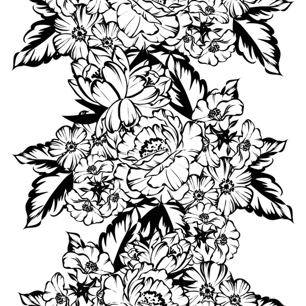 Sorunsuz vintage tarzı çiçek deseni. Siyah ve beyaz çiçek öğeleri.