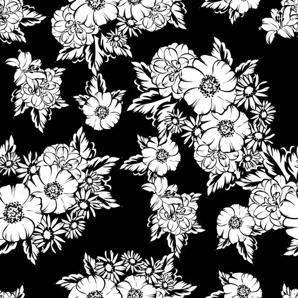 Sorunsuz vintage tarzı çiçek deseni. Siyah ve beyaz çiçek öğeleri.