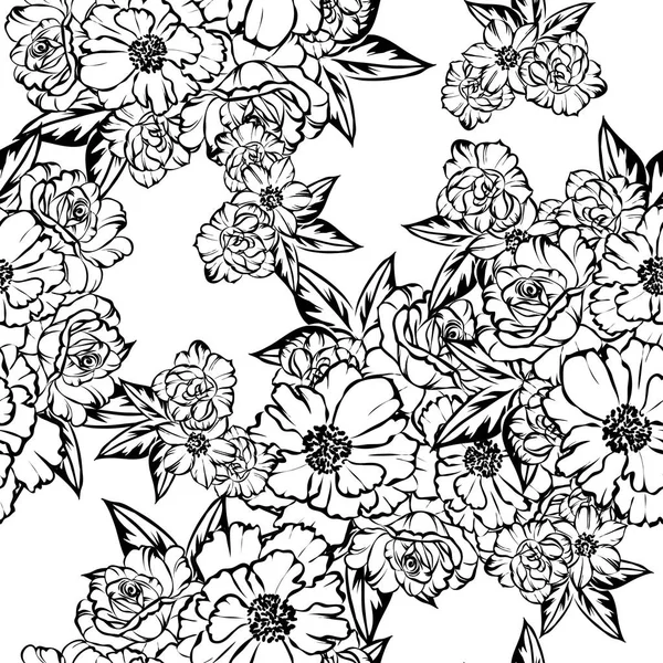 Patrón Flores Estilo Vintage Sin Costuras Elementos Florales Blanco Negro — Vector de stock