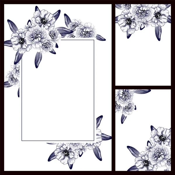 复古风格的花卉结婚贺卡设置 单色彩色花卉元素和框架 — 图库矢量图片