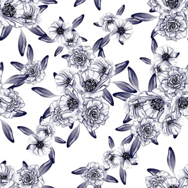 Sorunsuz vintage tarzı tek renkli renkli çiçek deseni. Çiçek öğeleri.