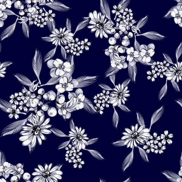 Estilo Vintage Inconsútil Patrón Flores Color Monocromo Elementos Florales — Vector de stock