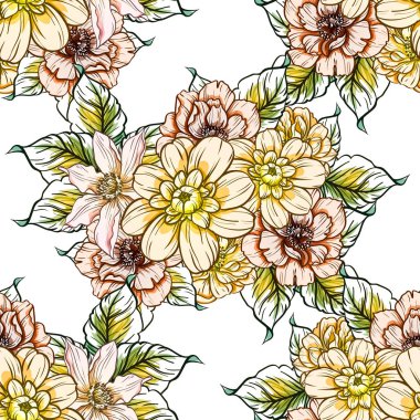 Sorunsuz vintage tarzı çiçek deseni. Renkli çiçek öğeleri