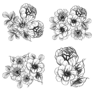 Sorunsuz vintage tarzı çiçek deseni. Siyah ve beyaz çiçek öğeleri.