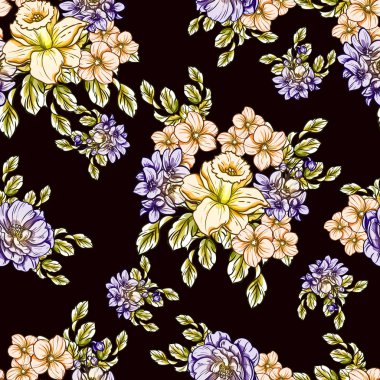 Sorunsuz vintage tarzı çiçek deseni. Renkli çiçek öğeleri