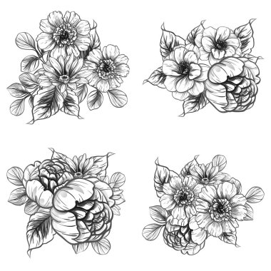 Sorunsuz vintage tarzı çiçek deseni. Siyah ve beyaz çiçek öğeleri.