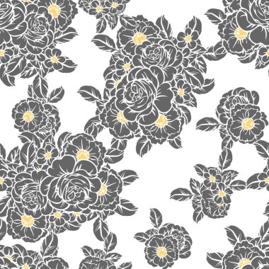 Sorunsuz vintage tarzı çiçek deseni. Siyah ve beyaz çiçek öğeleri.