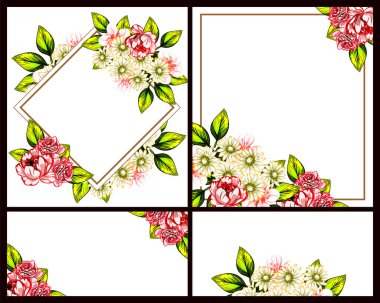 Klasik çiçek düğün kartları seti. Çiçek elementleri ve çerçeveleri.