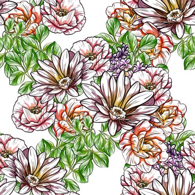 Sorunsuz vintage tarzı çiçek deseni. Renkli çiçek öğeleri