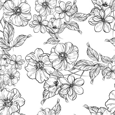 Sorunsuz vintage tarzı çiçek deseni. Siyah ve beyaz çiçek öğeleri.