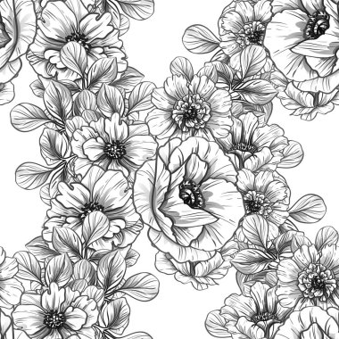 Sorunsuz vintage tarzı çiçek deseni. Siyah ve beyaz çiçek öğeleri.