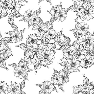 Sorunsuz vintage tarzı çiçek deseni. Siyah ve beyaz çiçek öğeleri.