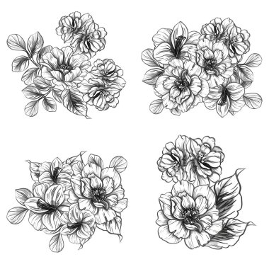 Sorunsuz vintage tarzı çiçek deseni. Siyah ve beyaz çiçek öğeleri.