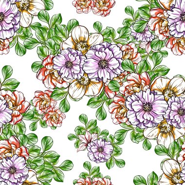 Sorunsuz vintage tarzı çiçek deseni. Renkli çiçek öğeleri