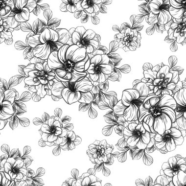 Sorunsuz vintage tarzı çiçek deseni. Siyah ve beyaz çiçek öğeleri.
