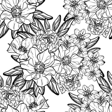 Sorunsuz vintage tarzı çiçek deseni. Siyah ve beyaz çiçek öğeleri.