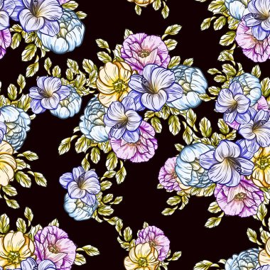 Sorunsuz vintage tarzı çiçek deseni. Renkli çiçek öğeleri