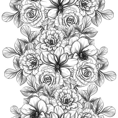 Sorunsuz vintage tarzı çiçek deseni. Siyah ve beyaz çiçek öğeleri.