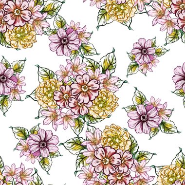Sorunsuz vintage tarzı çiçek deseni. Renkli çiçek öğeleri