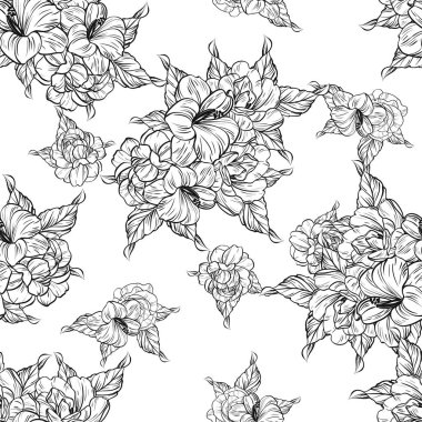 Sorunsuz vintage tarzı çiçek deseni. Siyah ve beyaz çiçek öğeleri.