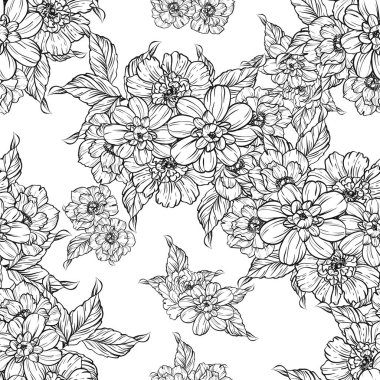 Sorunsuz vintage tarzı çiçek deseni. Siyah ve beyaz çiçek öğeleri.