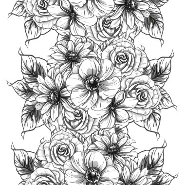 Sorunsuz vintage tarzı çiçek deseni. Siyah ve beyaz çiçek öğeleri.