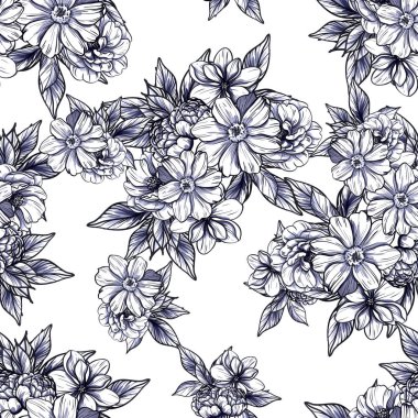 Sorunsuz vintage tarzı tek renkli renkli çiçek deseni. Çiçek öğeleri.